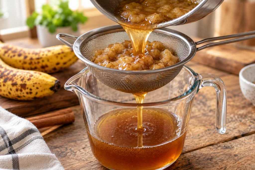 Banana Syrup Recipe for Coffee 6 Banana syrup poured through a fine-mesh strainer