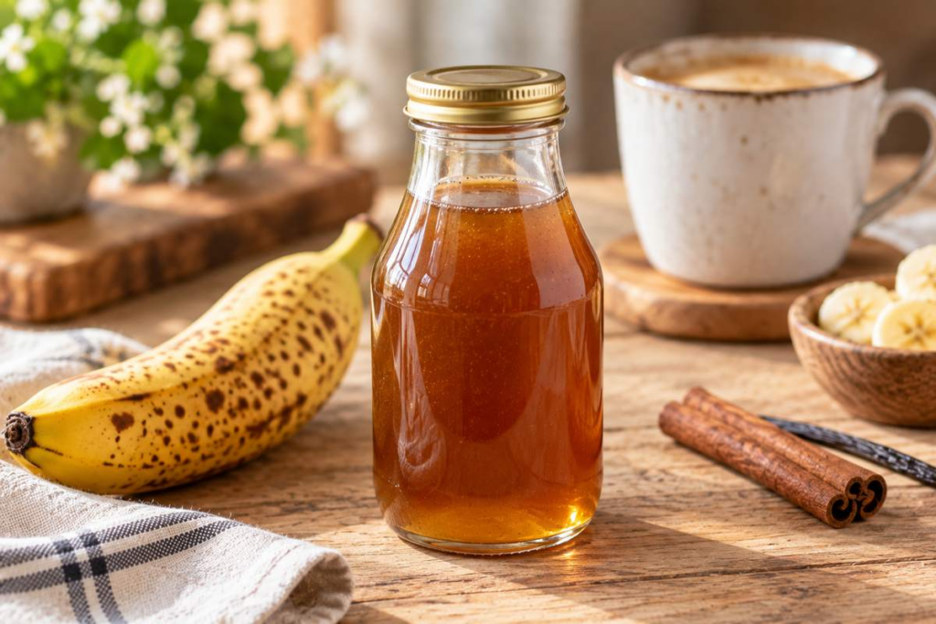 Banana Syrup Recipe for Coffee 7 Strained banana syrup transferred to a glass jar