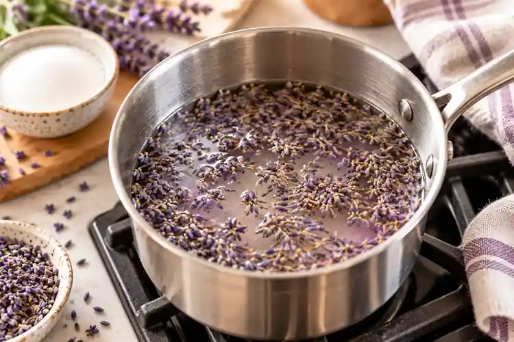 Lavender Syrup for Coffee: Easy Homemade Recipe 2 Lavender syrup for coffee simmering with sugar water and culinary lavender