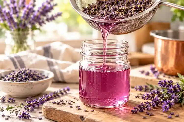 Lavender Syrup for Coffee: Easy Homemade Recipe 4 Straining homemade lavender syrup into a glass jar after steeping