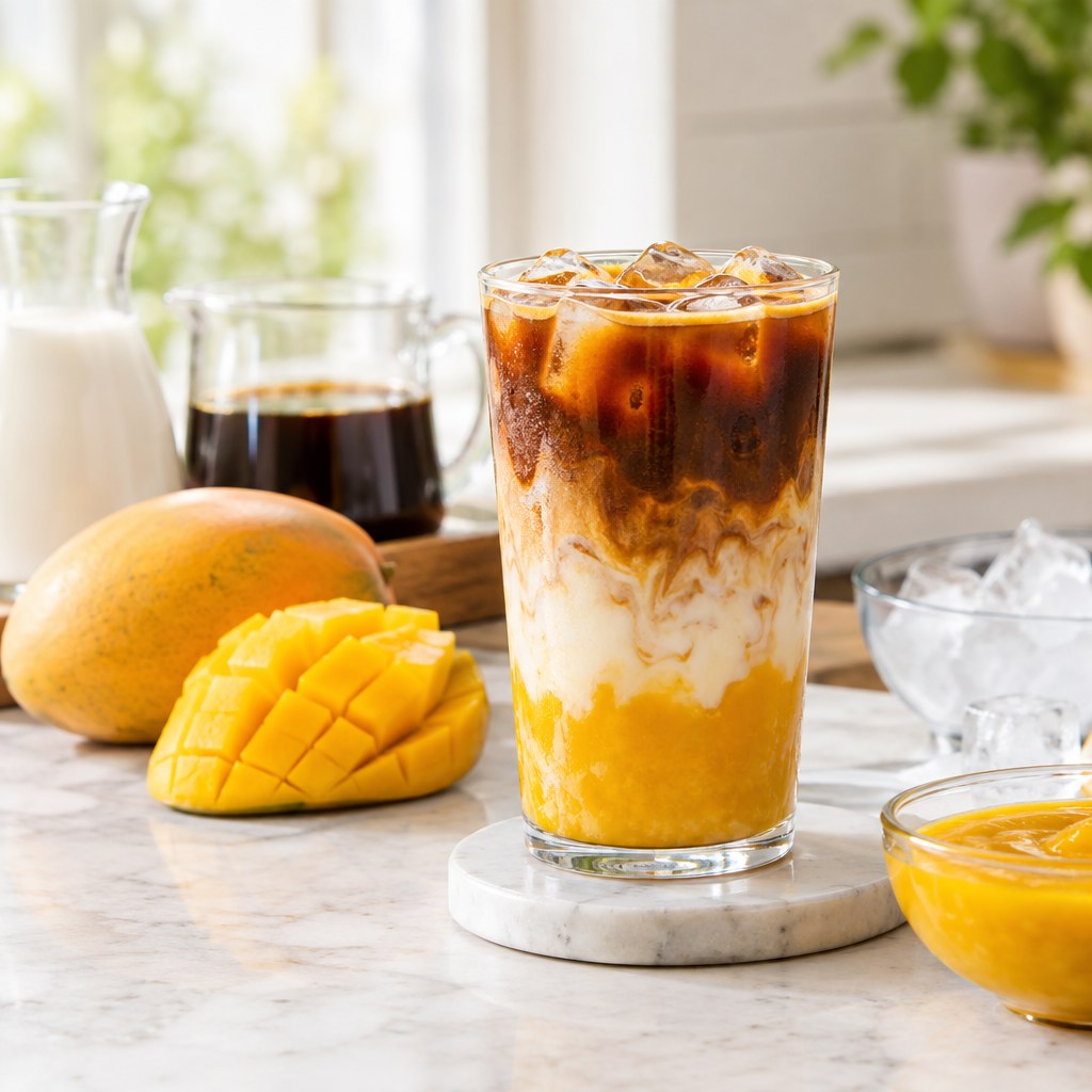 Mango coffee recipe with ripe mango puree, iced coffee and creamy milk