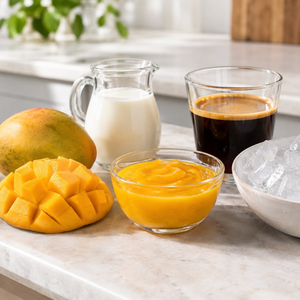 Mango Coffee Recipe: Easy Iced Mango Coffee 2 Homemade mango puree prepared for an iced mango coffee recipe