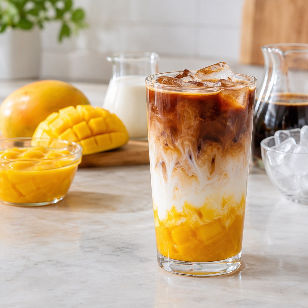 Mango Coffee Recipe: Easy Iced Mango Coffee 3 Layered iced mango coffee with mango puree, milk, ice and bold coffee