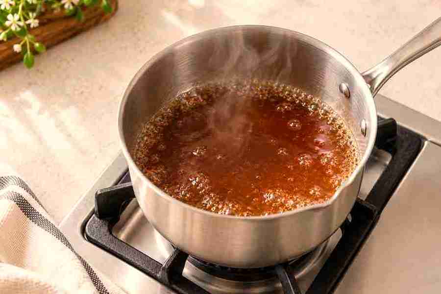 Maple syrup and water warming gently in a saucepan for coffee syrup - Maple Syrup for Coffee