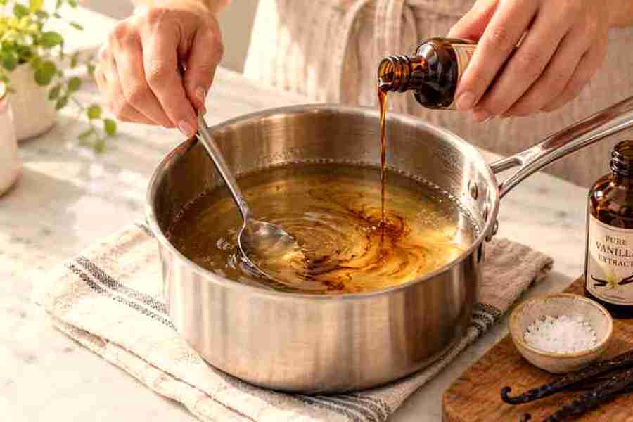 Vanilla and salt being stirred into warm maple coffee syrup