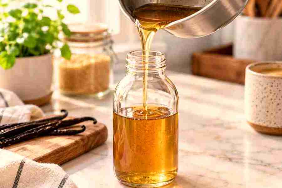 Homemade maple syrup for coffee being poured into a clean glass bottle