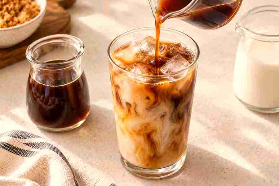 Maple syrup mixed into an iced maple latte with milk