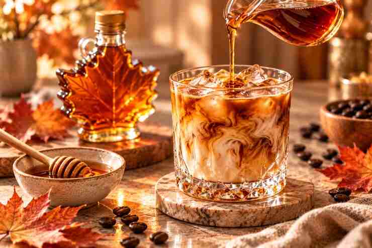 Maple syrup for coffee poured into an autumn maple iced latte