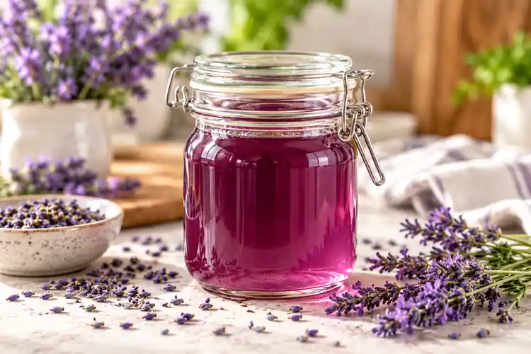 Lavender Syrup for Coffee: Easy Homemade Recipe 5 Finished homemade lavender syrup for coffee stored in a glass jar