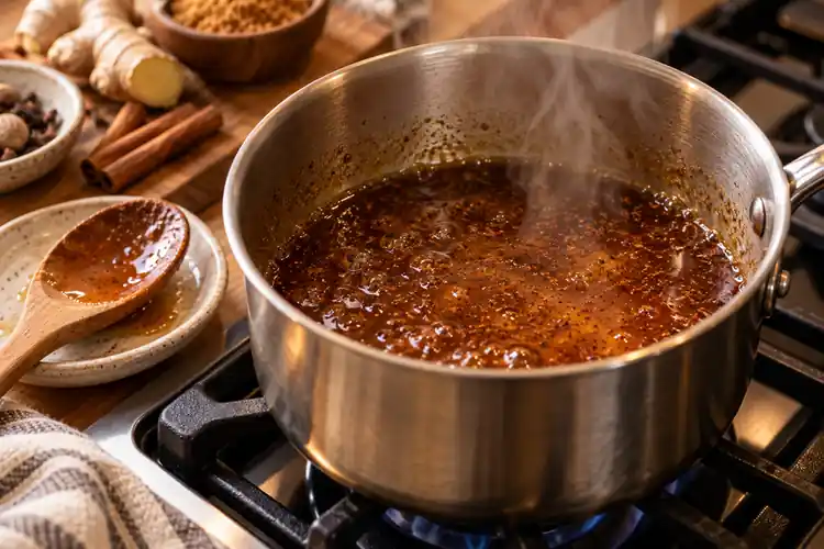 Gingerbread Syrup for Coffee: Easy Homemade Recipe 3 Gingerbread syrup for coffee gently simmering with cinnamon ginger and cloves