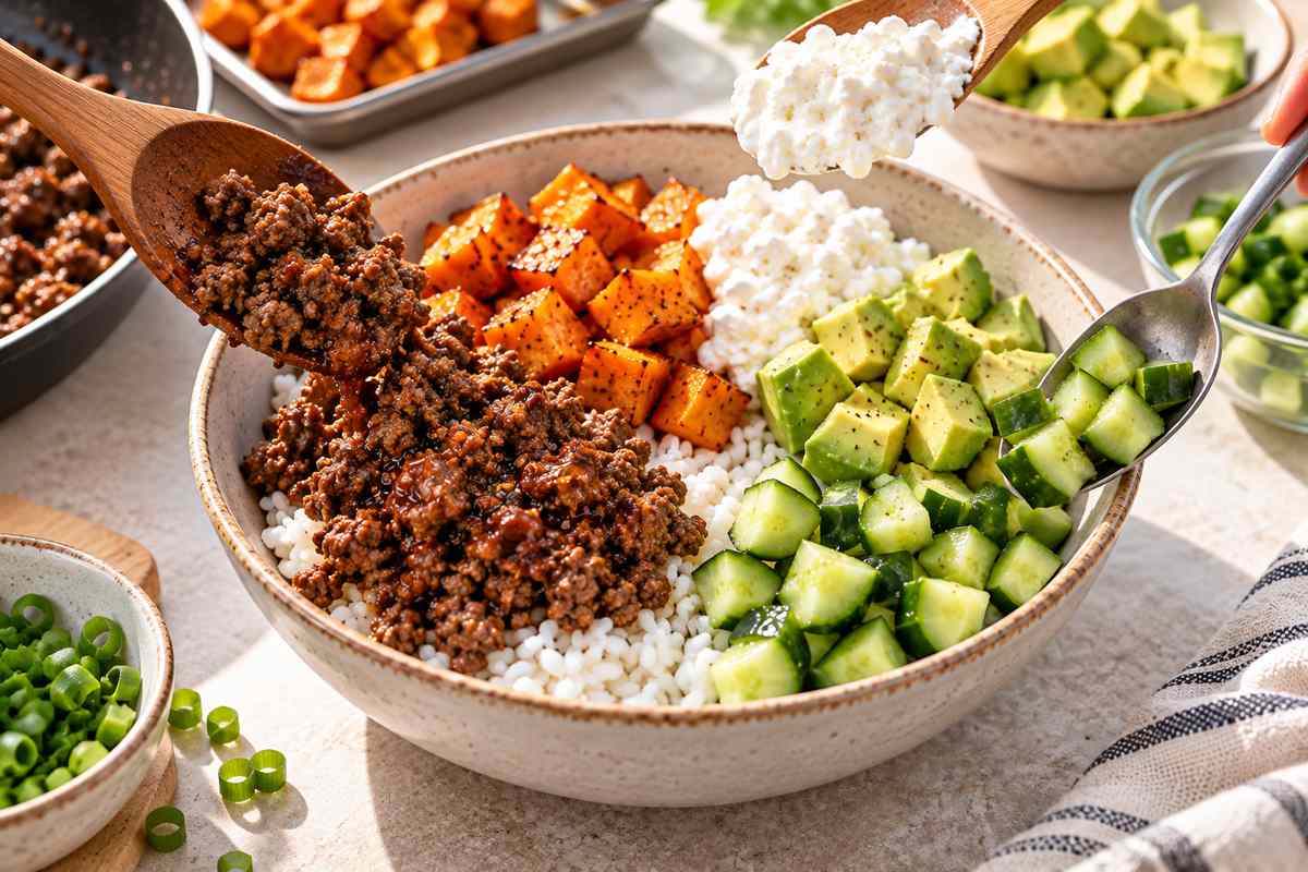 High Protein Hot Honey Ground Beef Bowls 6 Assembling high protein hot honey ground beef bowls