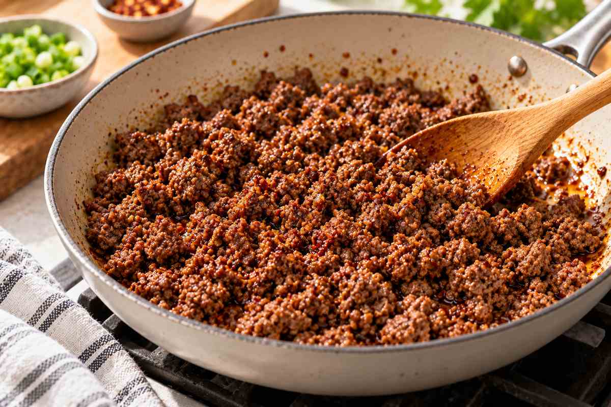 High Protein Hot Honey Ground Beef Bowls 5 Seasoned ground beef cooking for hot honey ground beef bowls