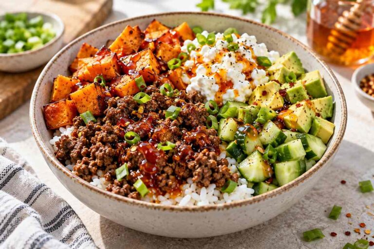 High protein hot honey ground beef bowls with sweet potatoes and cottage cheese