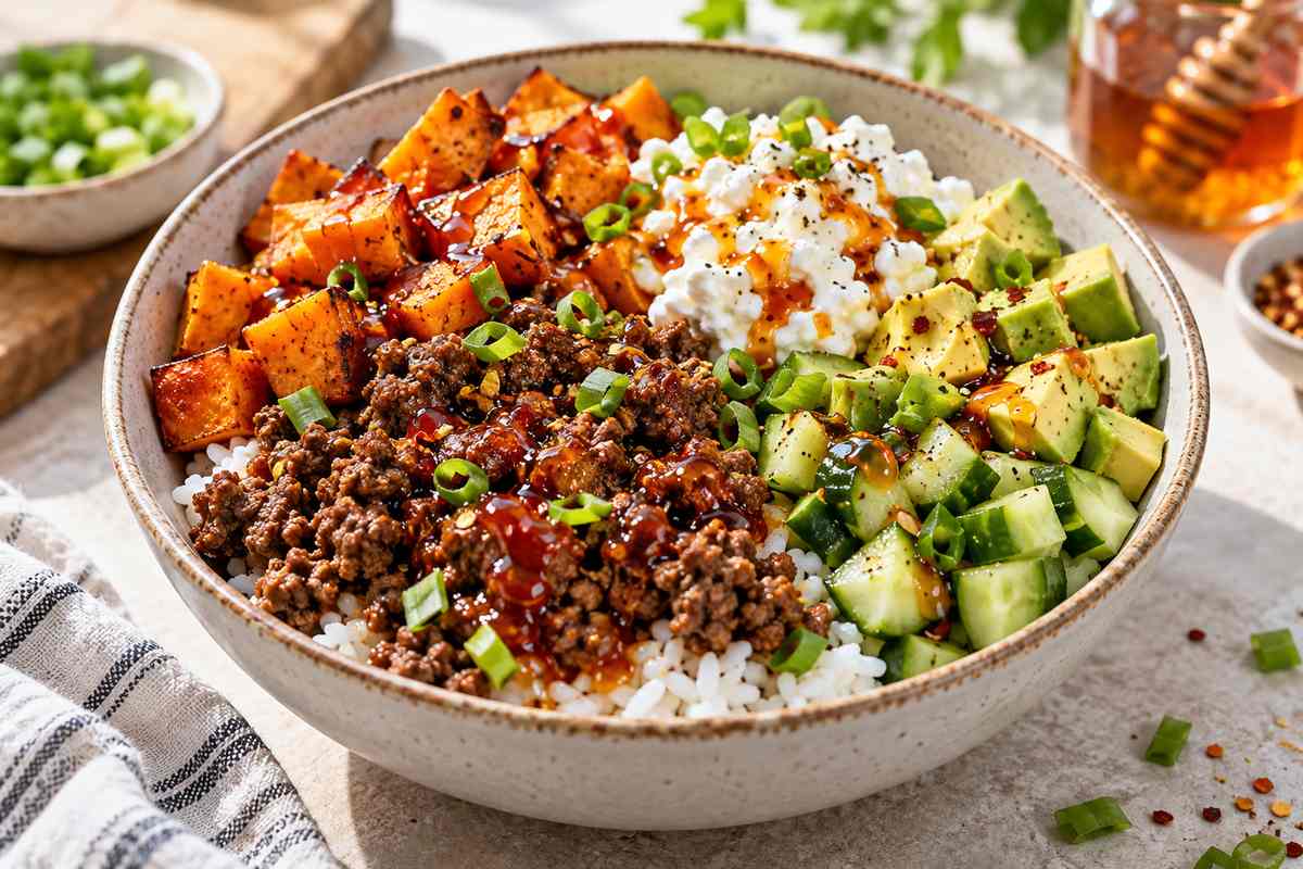 High Protein Hot Honey Ground Beef Bowls 2 High protein hot honey ground beef bowls with sweet potatoes and cottage cheese