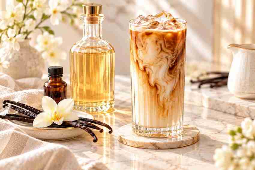 Vanilla syrup for coffee with a bright iced vanilla coffee