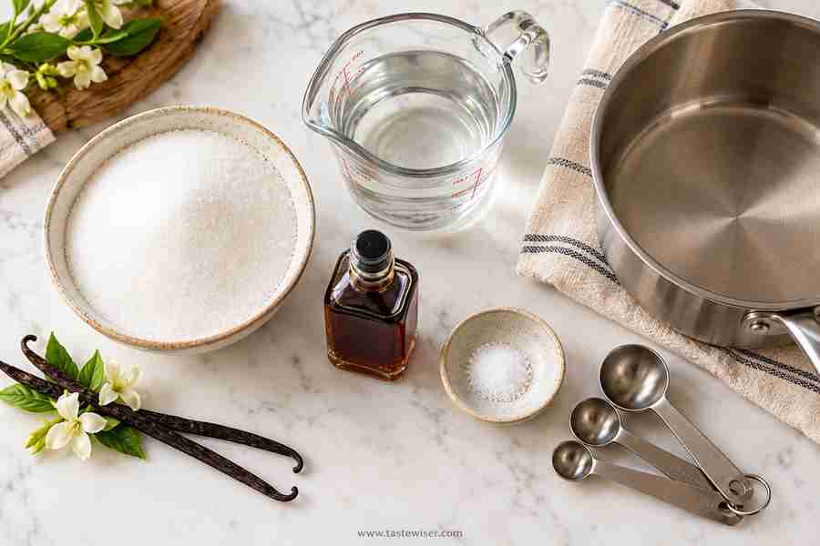 Vanilla Syrup for Coffee: Easy Homemade Recipe 2 Vanilla syrup ingredients with sugar, water, vanilla extract, and salt