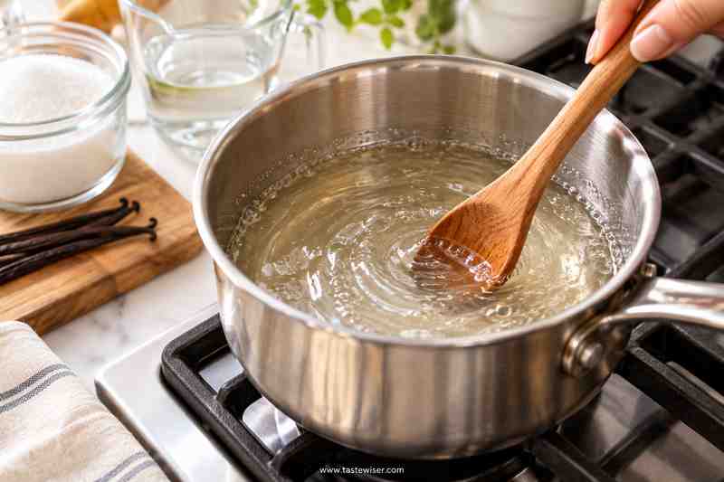 Vanilla Syrup for Coffee: Easy Homemade Recipe 3 Sugar and water dissolving in a saucepan for homemade vanilla syrup for coffee