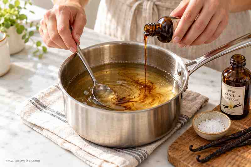 Vanilla Syrup for Coffee: Easy Homemade Recipe 5 Vanilla extract and salt being stirred into warm homemade coffee syrup
