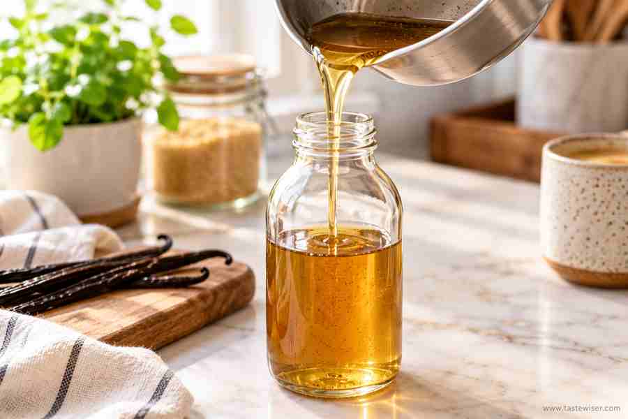 Vanilla Syrup for Coffee: Easy Homemade Recipe 6 Homemade vanilla syrup for coffee being poured into a glass bottle