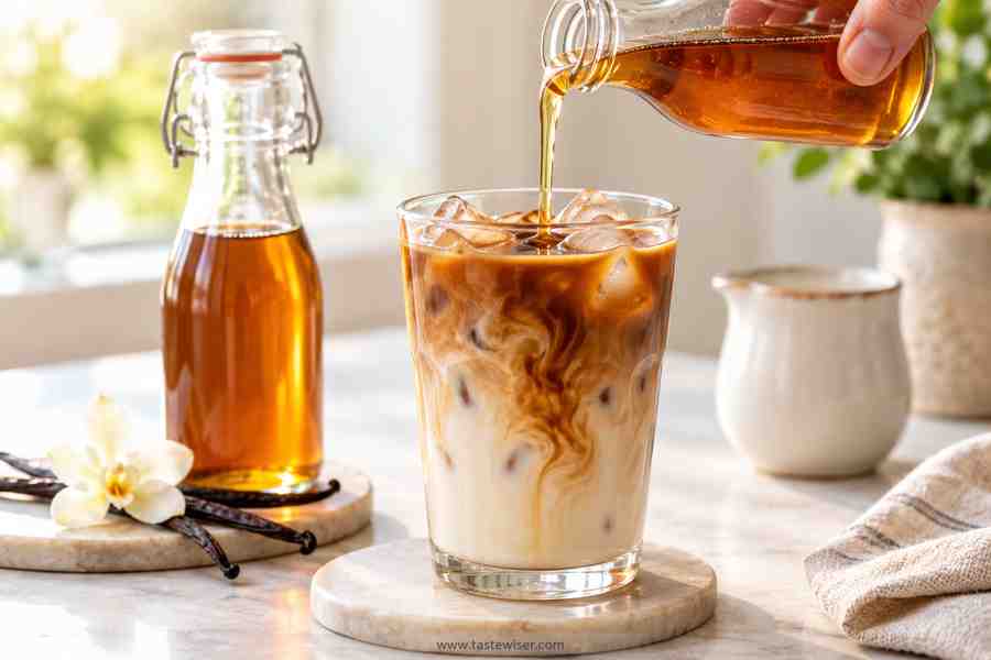 Vanilla Syrup for Coffee: Easy Homemade Recipe 7 Homemade vanilla syrup being poured into an iced vanilla latte