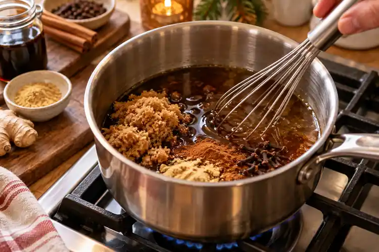 Gingerbread Syrup for Coffee: Easy Homemade Recipe 2 Brown sugar molasses and gingerbread spices being whisked for homemade coffee syrup - Gingerbread Syrup for Coffee