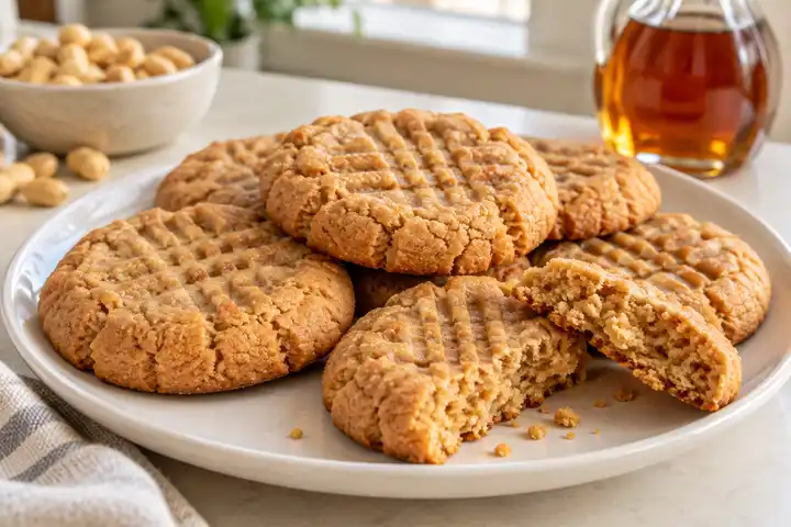 Peanut butter maple cookies with fork crosshatch marks and a crumbly center
