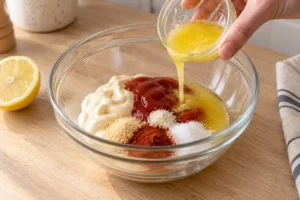 Yum Yum Sauce Without Rice Vinegar (Lemon Version) 10 Adding cooled melted butter and seasonings to yum yum sauce