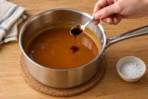 Homemade Caramel Apple Dip (Without Cream Cheese) 13 Adding vanilla to caramel dip after removing it from the heat