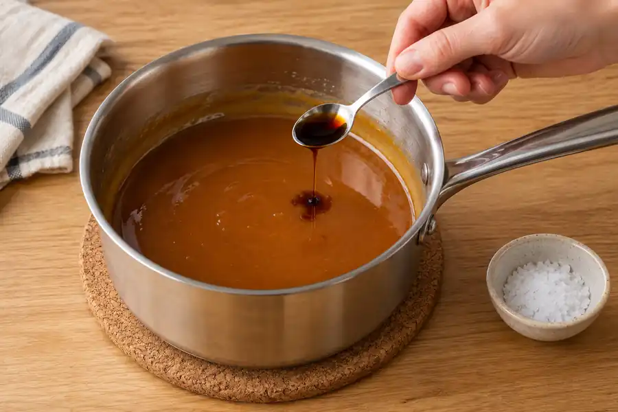Homemade Caramel Apple Dip (Without Cream Cheese) 5 Adding vanilla to caramel dip after removing it from the heat
