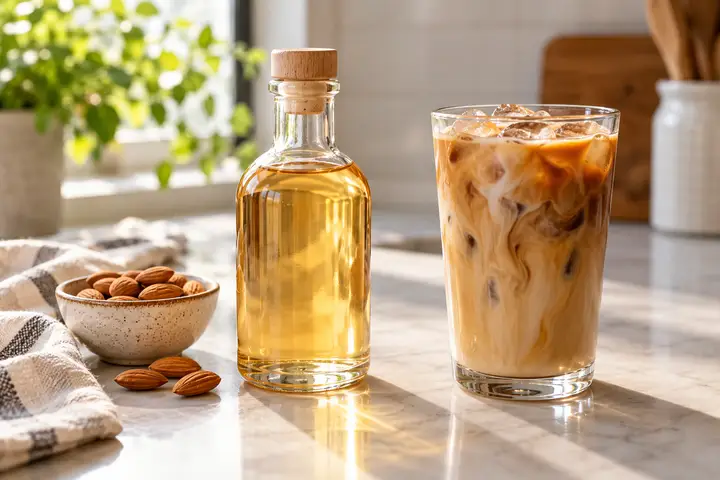 Bottle of almond-extract coffee syrup beside an iced latte; almonds are decorative props