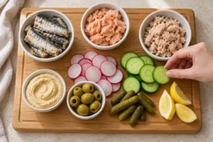 Tinned Fish Charcuterie Board with Sardines, Salmon and Tuna 10 Arranging fish bowls, hummus, olives and vegetables on the serving board
