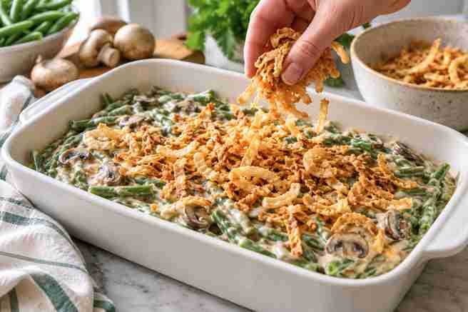Easy Green Bean Casserole Recipe From Scratch 7 Green bean casserole assembled in a baking dish with crispy fried onions sprinkled on top