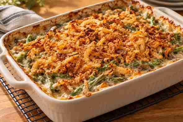 Easy Green Bean Casserole Recipe From Scratch 8 Freshly baked green bean casserole with golden crispy onion topping and creamy green beans