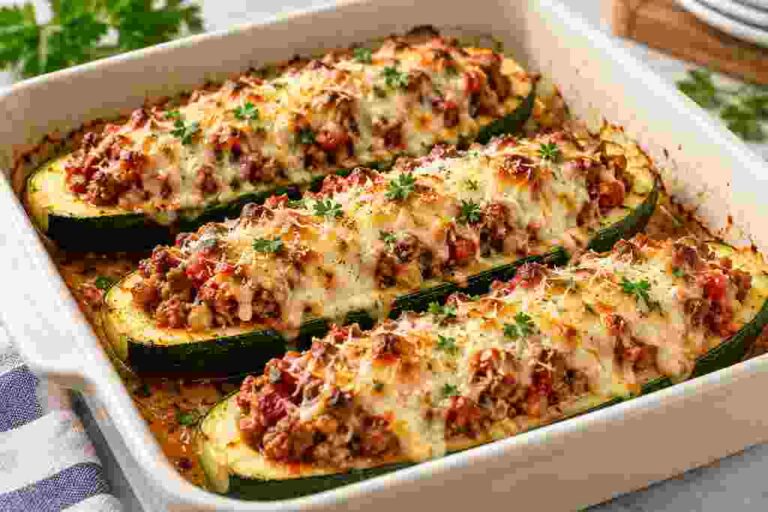 Baked stuffed zucchini boats with ground beef, tomato sauce, melted mozzarella, and Parmesan