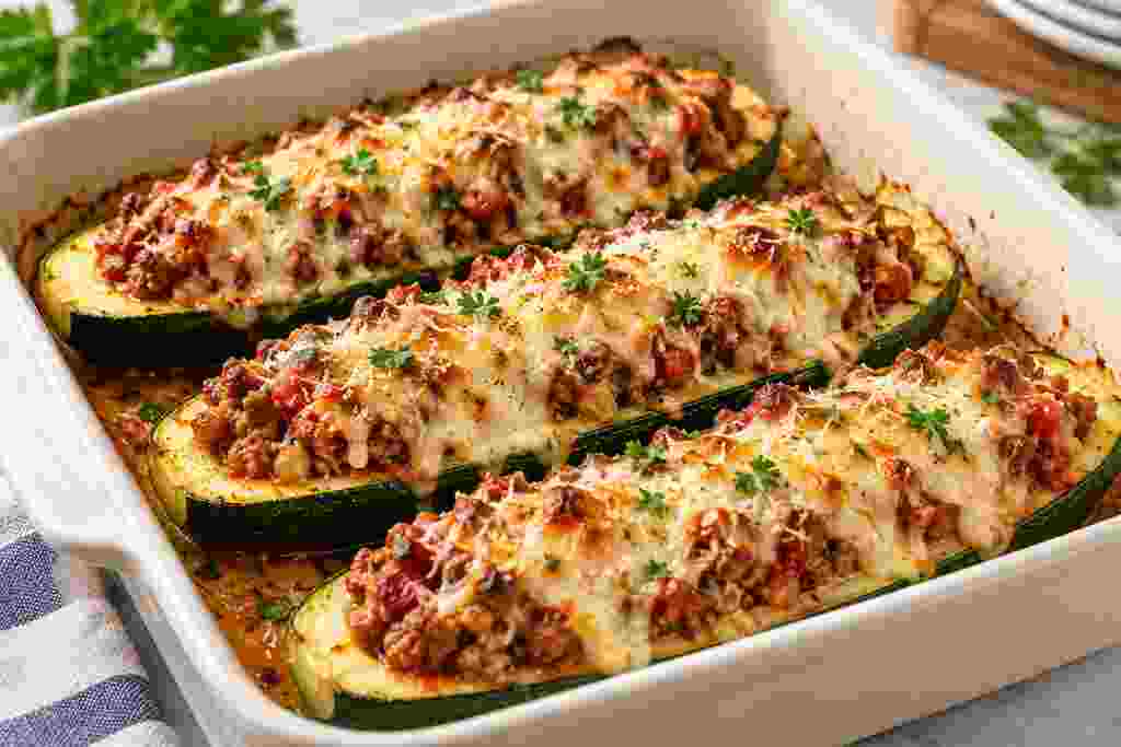Stuffed Zucchini Boats with Ground Beef: Easy Dinner 9 Baked stuffed zucchini boats with ground beef, tomato sauce, melted mozzarella, and Parmesan