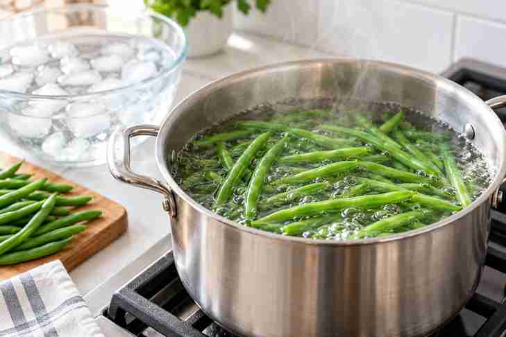 Easy Green Bean Casserole Recipe From Scratch 3 Fresh green beans blanching in boiling water with an ice bath ready for green bean casserole