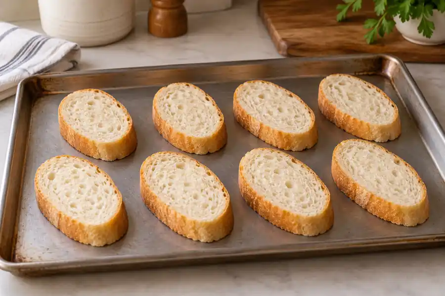 Broiler Garlic Bread With Fresh Garlic and Parsley 2 Eight plain French bread slices arranged on an unlined metal pan