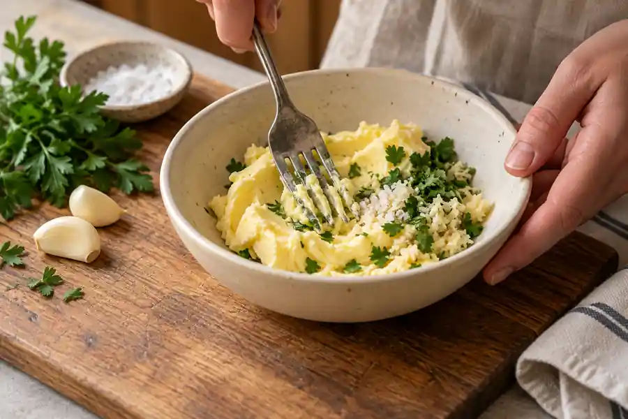 Broiler Garlic Bread With Fresh Garlic and Parsley 3 Softened butter mixed with grated garlic, parsley and salt