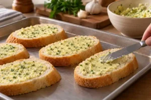Broiler Garlic Bread With Fresh Garlic and Parsley 10 Garlic parsley butter spread evenly over French bread slices