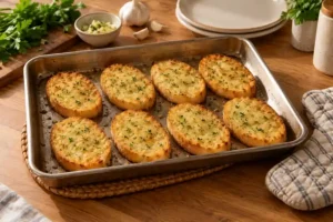 Broiler Garlic Bread With Fresh Garlic and Parsley 11 Broiled garlic bread with lightly golden edges on a metal pan