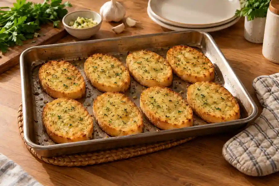 Broiler Garlic Bread With Fresh Garlic and Parsley 5 Broiled garlic bread with lightly golden edges on a metal pan