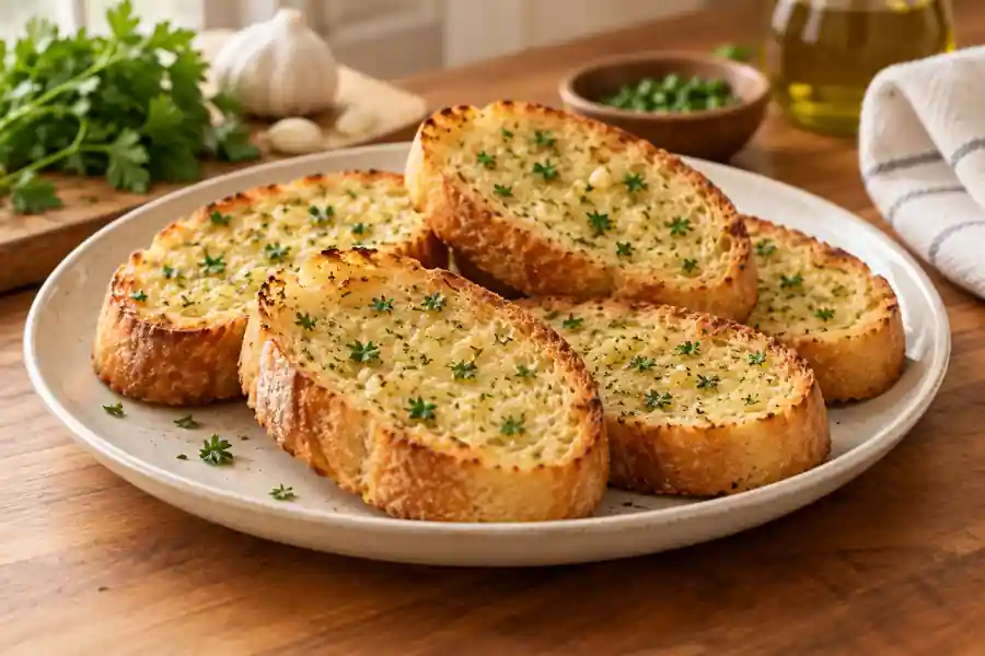 Broiler Garlic Bread With Fresh Garlic and Parsley 6 Golden broiler garlic bread slices with garlic butter and parsley