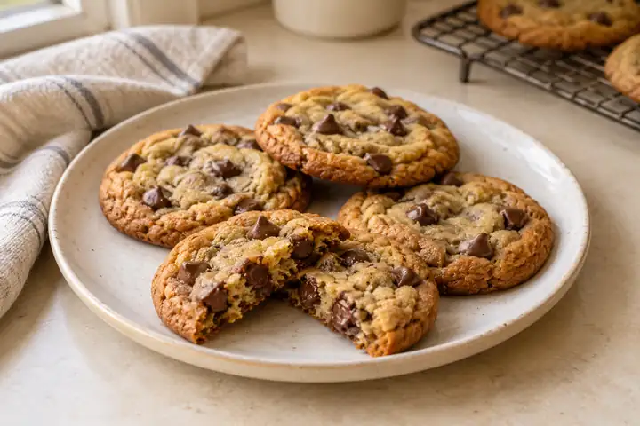 Brown sugar chocolate chip cookies on a cream plate with a broken cookie showing the baked center