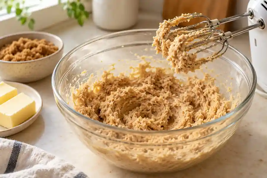 Brown Sugar Chocolate Chip Cookies (No White Sugar) 3 Softened butter and brown sugar creamed together in a glass mixing bowl