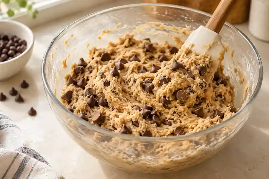 Brown Sugar Chocolate Chip Cookies (No White Sugar) 4 Chocolate chips folded into thick brown sugar cookie dough