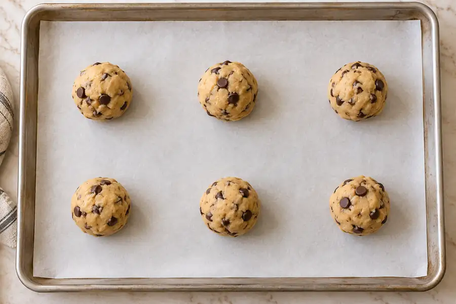 Brown Sugar Chocolate Chip Cookies (No White Sugar) 5 Chilled chocolate chip cookie dough balls spaced on a parchment-lined baking sheet
