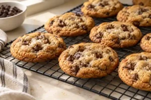 Brown Sugar Chocolate Chip Cookies (No White Sugar) 13 Golden brown chocolate chip cookies cooling on a wire rack
