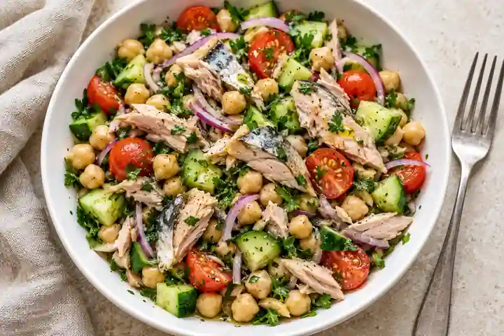 Canned mackerel recipes featuring lemon chickpea salad with cucumber and tomatoes