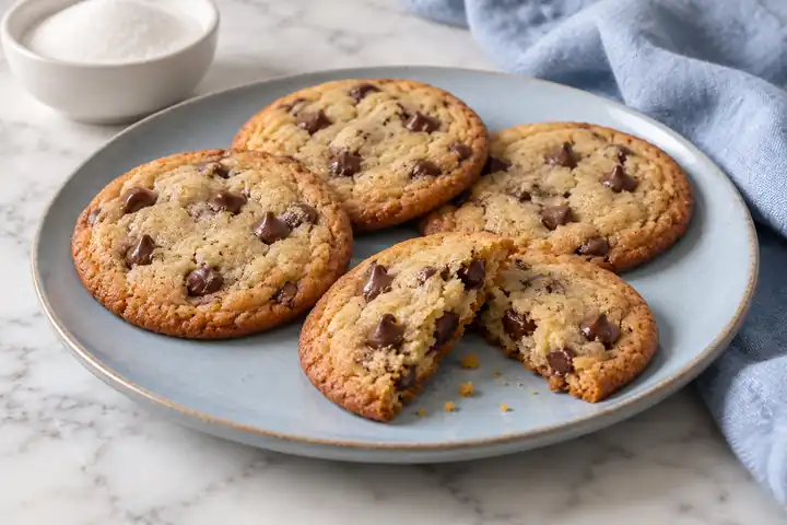 Chocolate chip cookies without brown sugar on a blue plate with a broken cookie showing the baked center