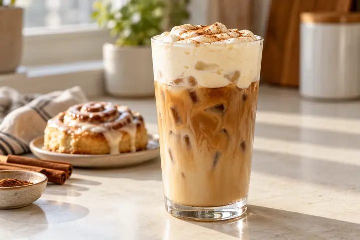 Iced cinnamon roll latte topped with cream-cheese cold foam and cinnamon